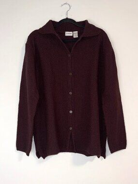 VTG Liz Baker Stockinette Stitch Knit Collared Cardigan Sweater Dark Maroon Brow